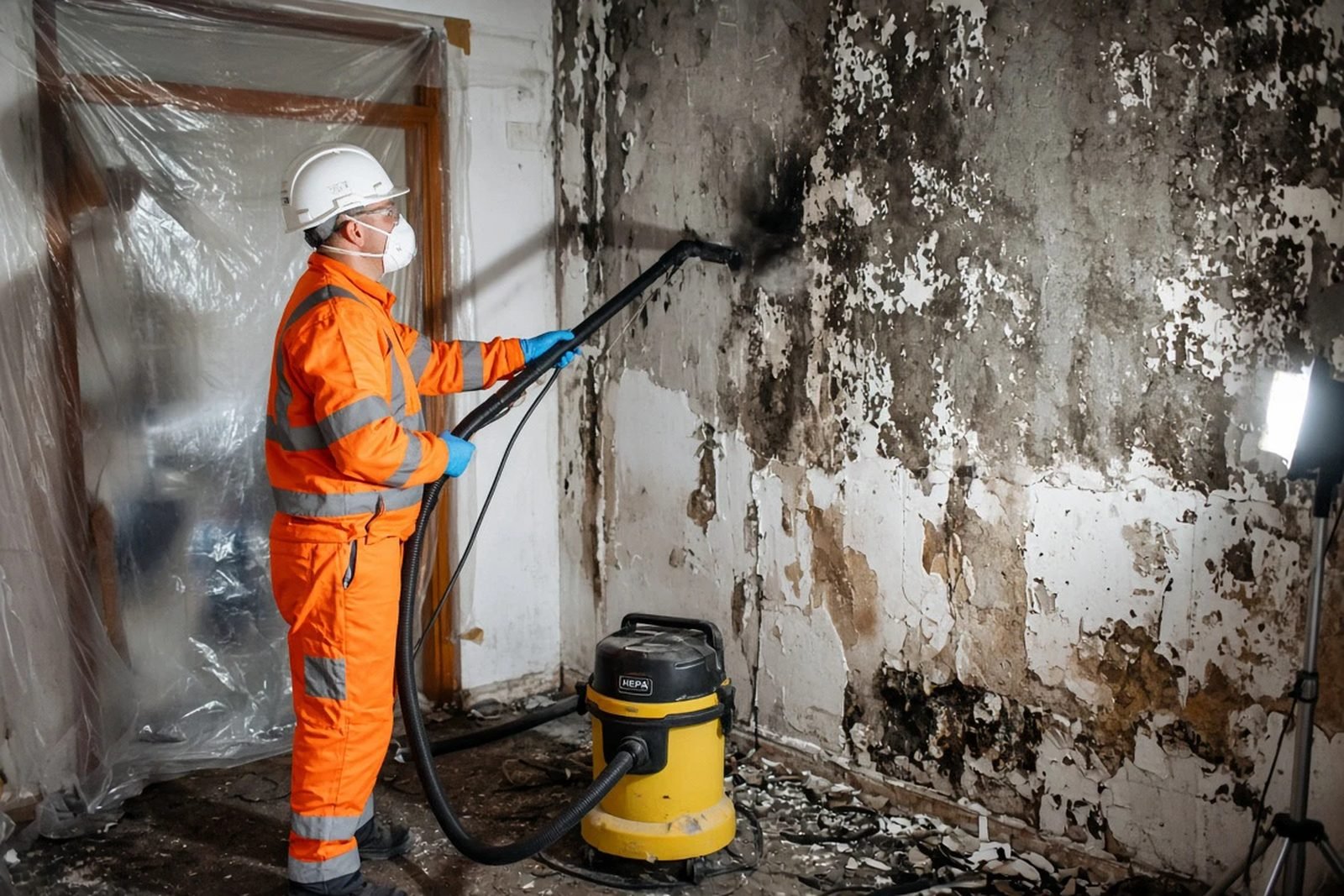 Fachkraft in Schutzkleidung reinigt eine verrußte Wand nach einem Brand - Brandschadensanierung in Graz